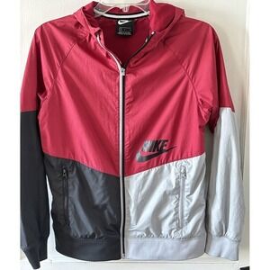 Nike Full Zip Windbreaker Womens Large Red Gray Black‎ Colorblock Hooded